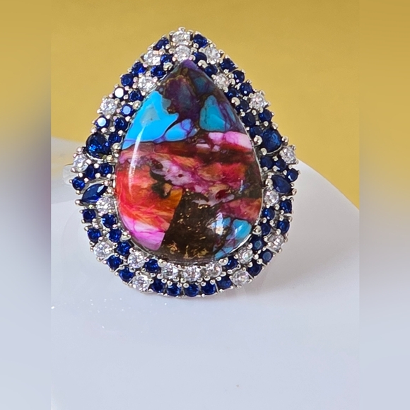 925 Sterling Silver Ring Sz 7.5 with Mohave Oyster Turquoise & Nano Crystals - Picture 5 of 12